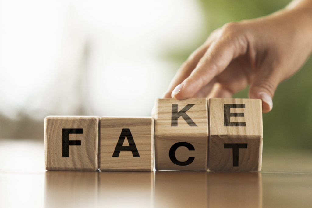 drvene kockice sa rečima fake i fact